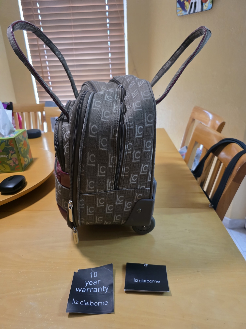 NWT Liz Claiborne Brown Logo Travel Bag with Wheels Carry On Approved - Picture 4 of 14